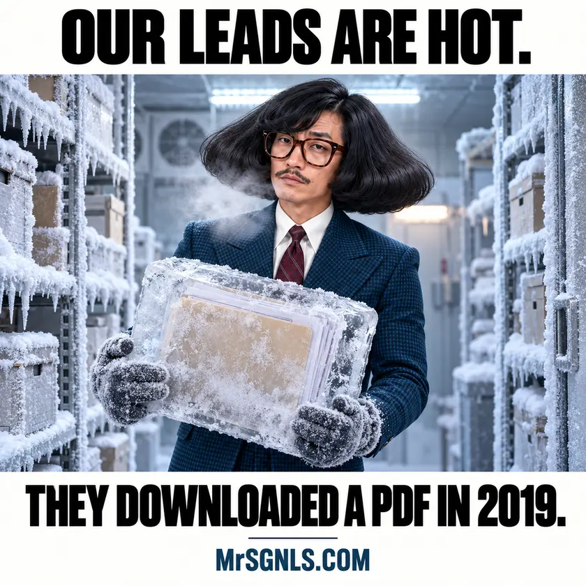 MrSignals holding an ice-covered folder: Our leads are hot. They downloaded a PDF in 2019.