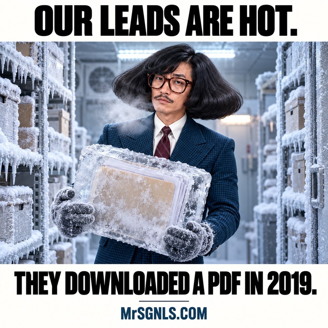 MrSignals holding an ice-covered folder: Our leads are hot. They downloaded a PDF in 2019.