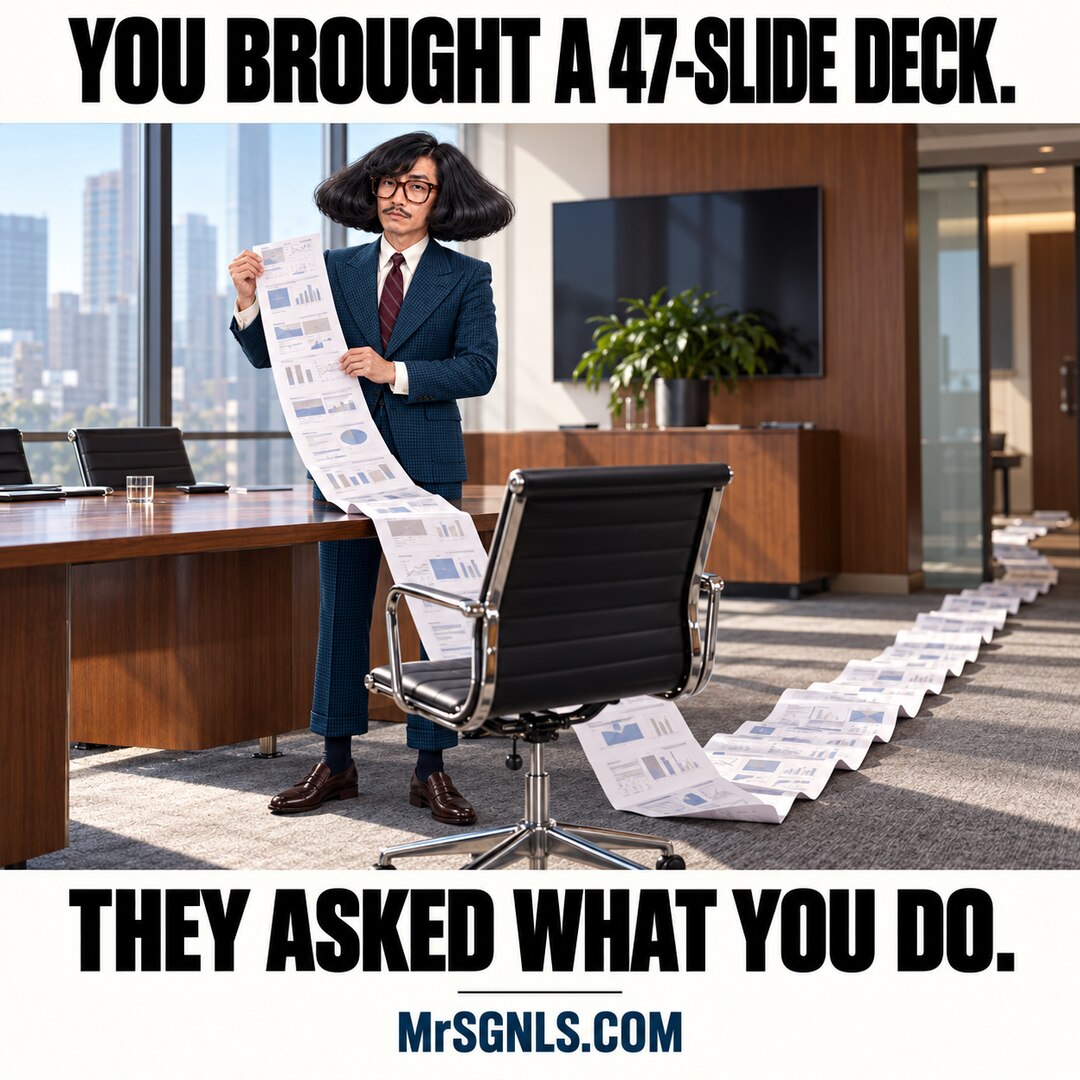 MrSignals holding a giant slide deck: You brought a 47-slide deck. They asked what you do.
