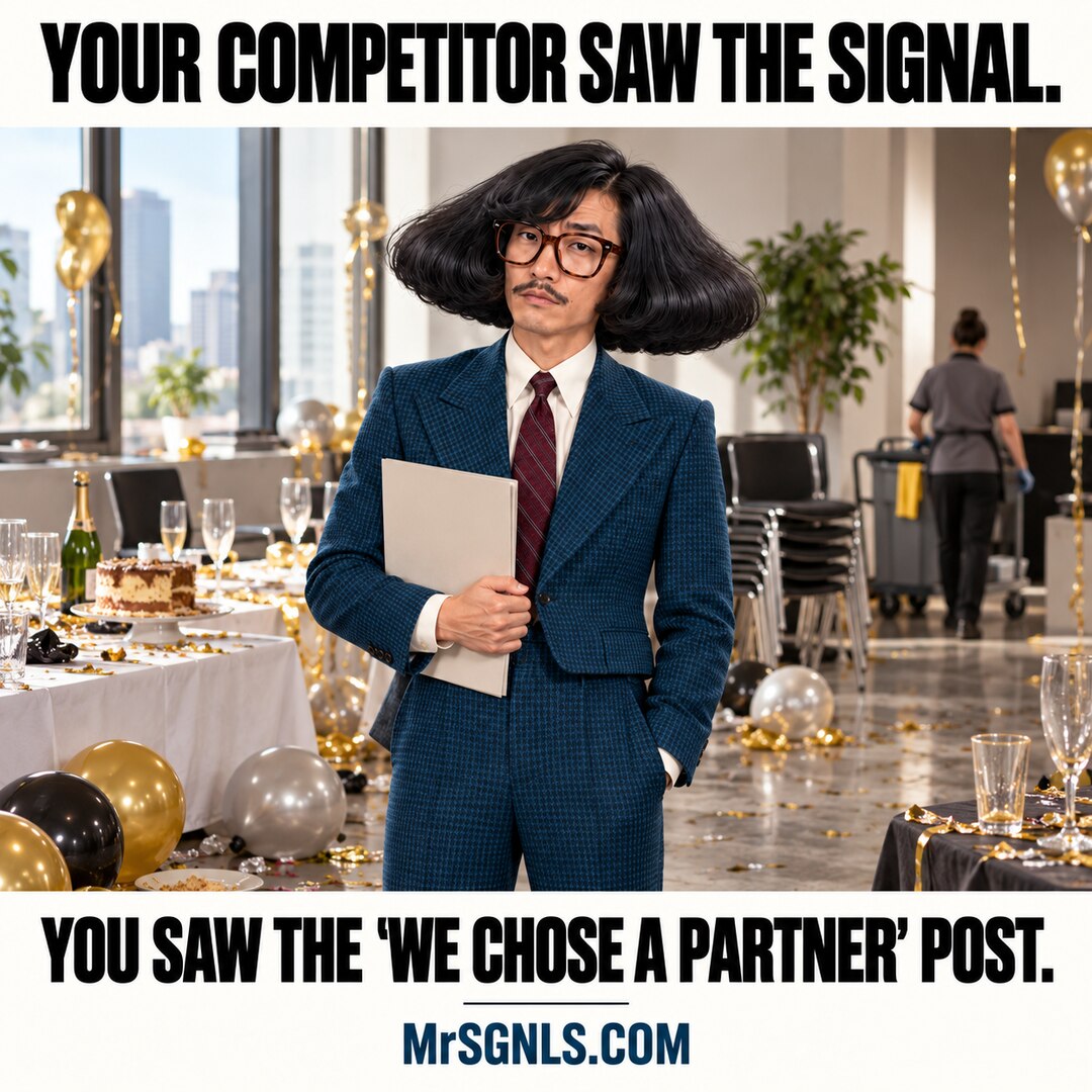 MrSignals arriving after a party: Your competitor saw the signal. You saw the we chose a partner post.